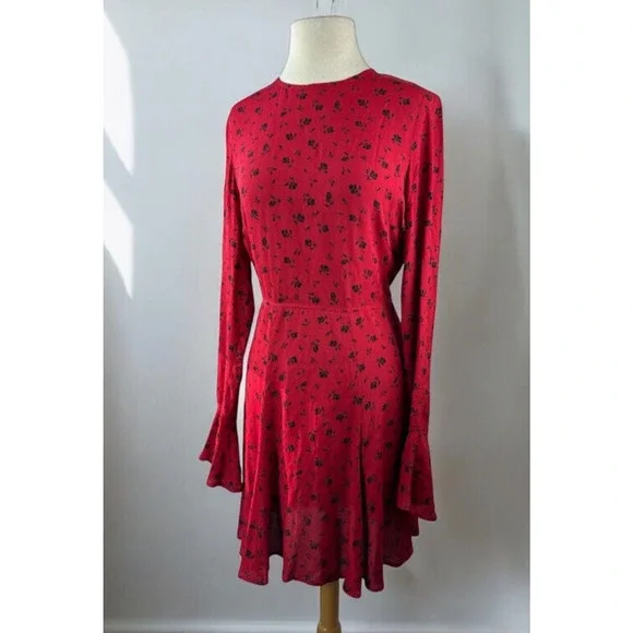 Reformation Red & Black Floral Print Mini Dress Bell Sleeve Ruffle Women's Large - Picture 2 of 16